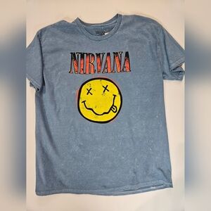 Nirvana T-Shirt Men's XL Graphic Blue Yellow Logo Distressed 90s Grunge Tee NEW